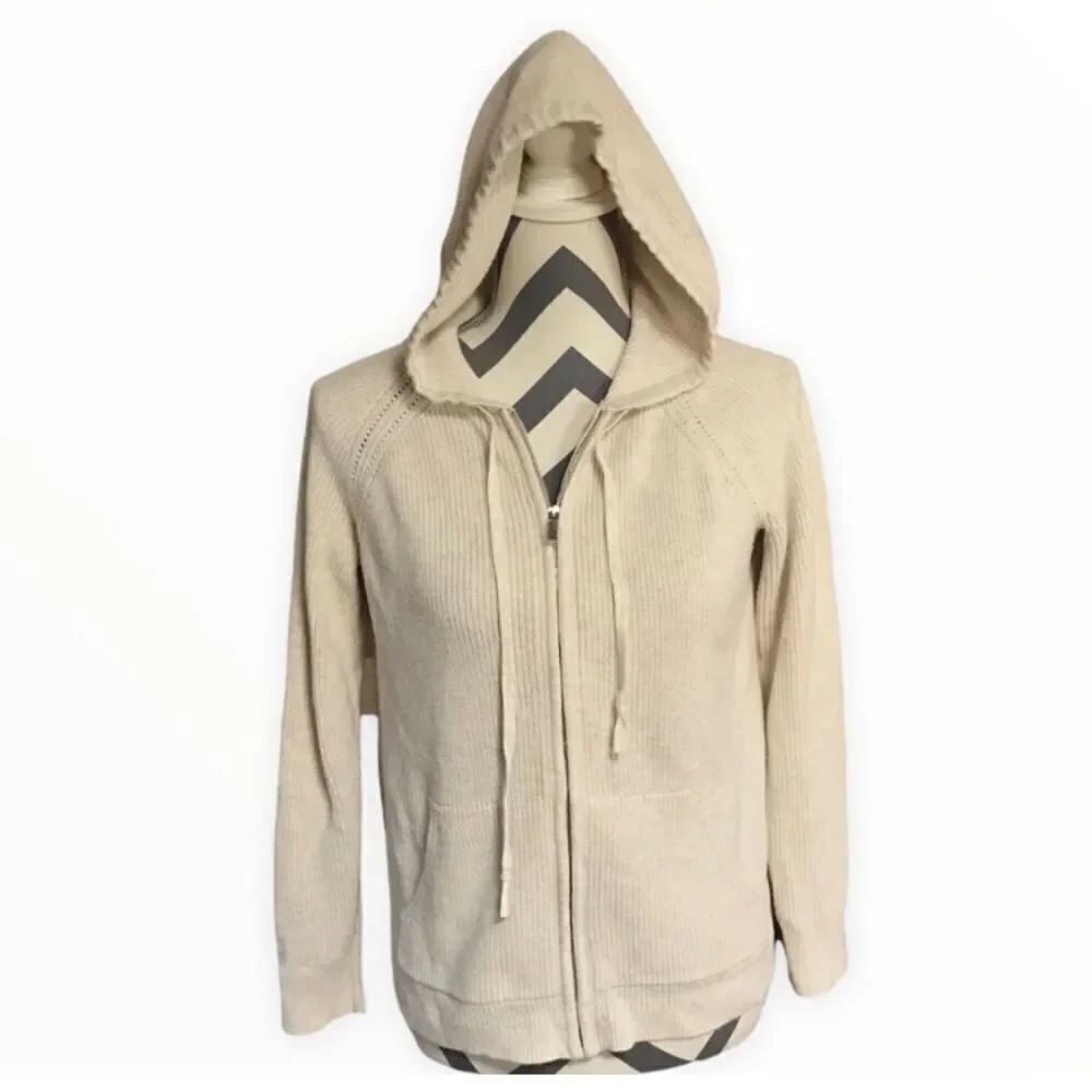Lands’ End SMALL Cream Colored Hooded Sweater With Zipper and Pockets